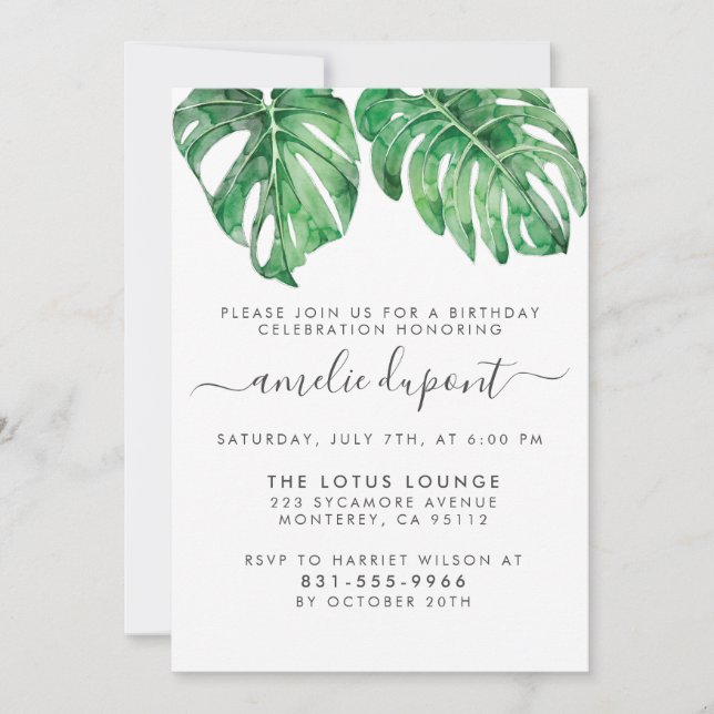 Födelsedagsfesten Watercolor Monstera och Modern s Inbjudningar (Framsida)