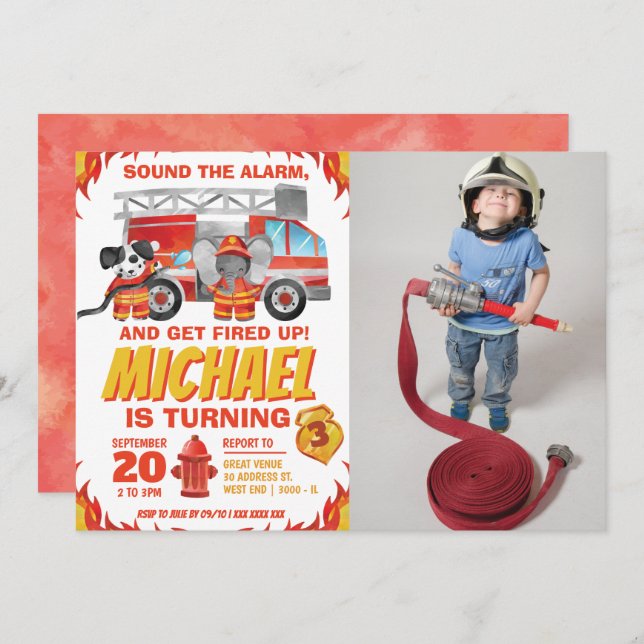 Födelsedagsfesten Watercolor Photo Fire Lastbil Inbjudningar (Fram/baksida)