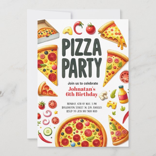 Födelsedagsfesten Watercolor Pizza Party Inbjudningar (Framsida)