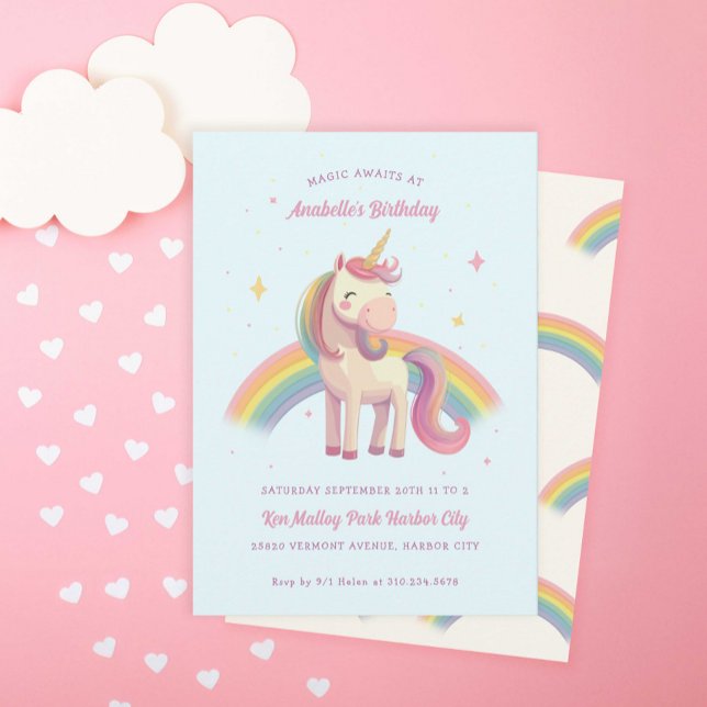 Födelsedagsfesten Watercolor Rainbow Unicorn Blue Inbjudningar (Skapare uppladdad)