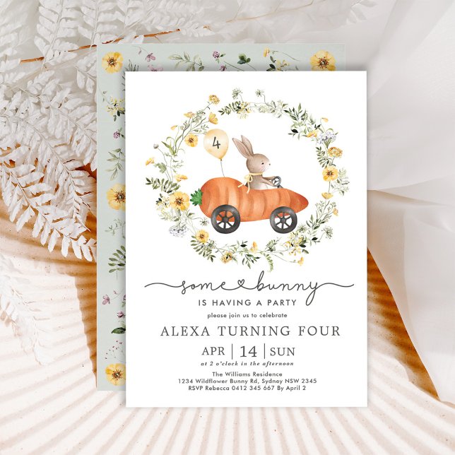 Födelsedagsfesten WildblomBunny Carrot Car Påsk Inbjudningar (Skapare uppladdad)