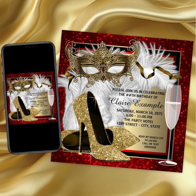 Födelsedagsfesten Womans Red och Guld Masqueraad Inbjudningar (Womans red gold masquerade party invitation with mask and high heel shoes. Download and printed.)