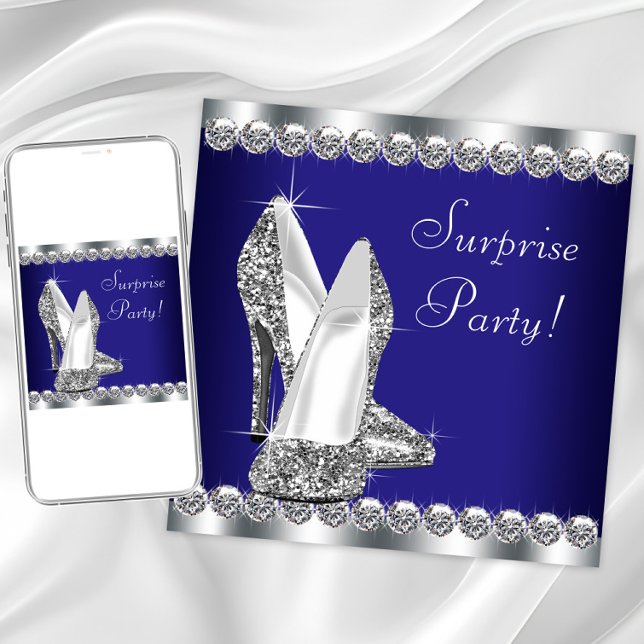 Födelsedagsfesten Womans Royal Blue Surprise Inbjudningar (Royal blue silver shoe any event invitation. Instant download and printed invitations available.)