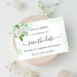 Födelsedagsfestens blommigt, vita miniatyrdiagram  spara datumet<br><div class="desc">Ett giftigt och trendig Spara datumkortet för en 40:e (eller någon annan ålder) födelsedagsfest. En snyggt vit bakgrund som dekoreras med grönt faux glitter-gnistor,  vita blommigtar och grön. Anpassa och lägg till datum och namn/ålder 40. Svart färgad brev. Texten: Spara datumet skrivs med ett stort trendig-handskript i stil.</div>