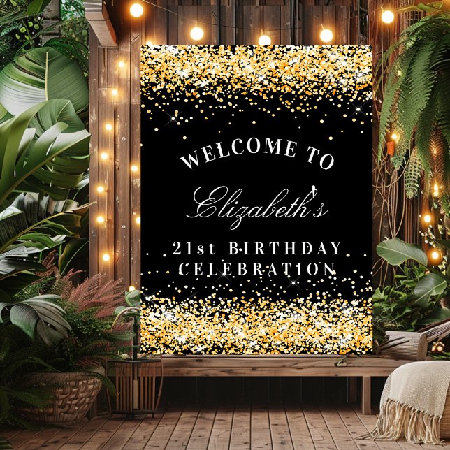 Födelsedagsfestens svarta guld glitter-glittrar vä poster (Skapare uppladdad)