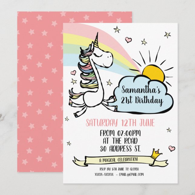 Födelsedagsfestens Unicorn-inbjudan Inbjudningar (Fram/baksida)