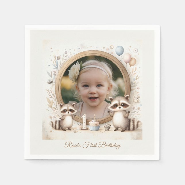 Födelsedagsfester för Raccoon Photo Ram för barn Pappersservett (Framsidan)