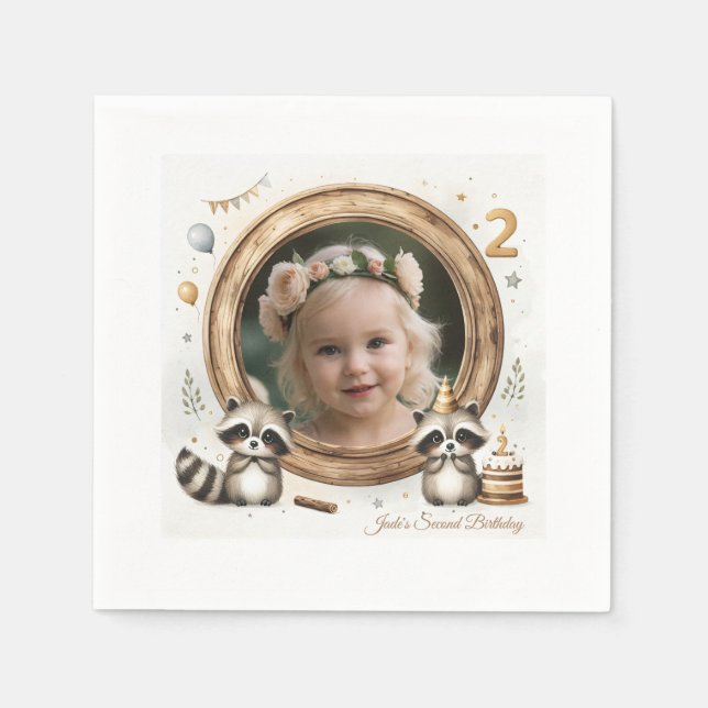 Födelsedagsfester för Raccoon Photo Ram för barn Pappersservett (Framsidan)