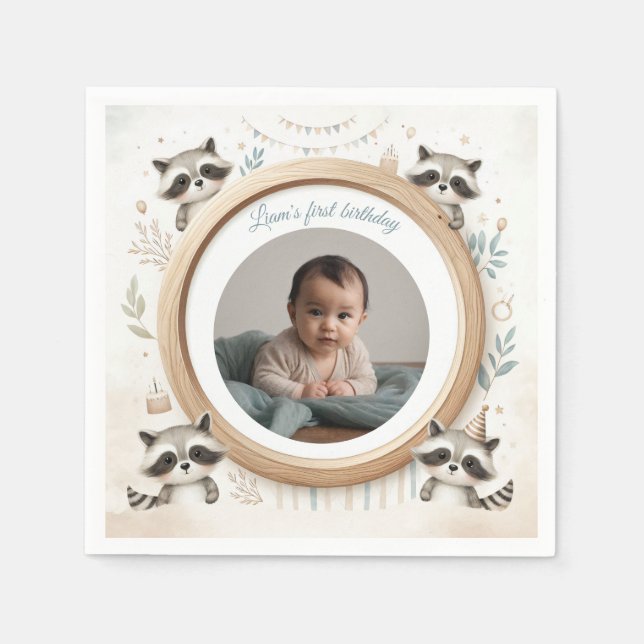 Födelsedagsfester för Raccoon Photo Ram för barn Pappersservett (Framsidan)