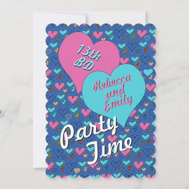 Födelsedagsfesthjärtor tonåring inbjudningar (Framsida)