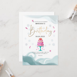 Födelsedagsfestinbjudan | Rosa tårtema | Anpassnin Inbjudningar