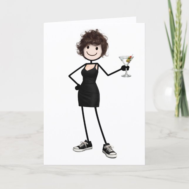 Födelsedagsfigur Stickfigur Flicka med Martini Kort (Framsida)