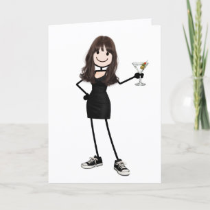 Födelsedagsfigur Stickfigur Flicka med Martini Kort