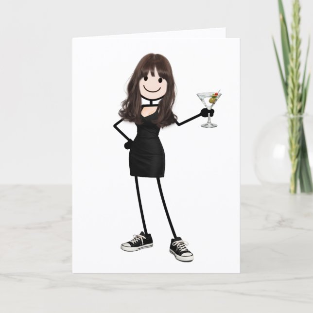 Födelsedagsfigur Stickfigur Flicka med Martini Kort (Framsida)