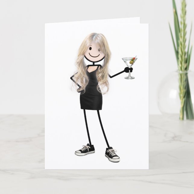 Födelsedagsfigur Stickfigur Flicka med Martini Kort (Framsida)