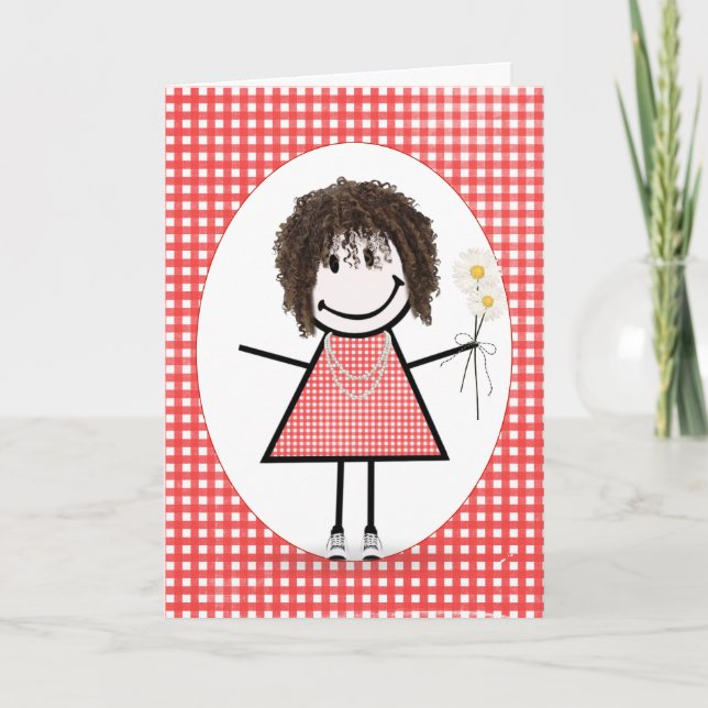Födelsedagsfigur Stickfigur Flicka På Röd Rutig Ba Kort (Framsida)