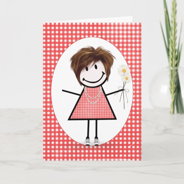 Födelsedagsfigur Stickfigur Flicka På Röd Rutig  Kort (Framsida)