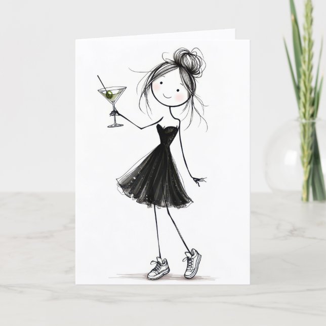 Födelsedagsfigur tjej med drink kort (Framsida)