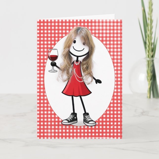 Födelsedagsfigur tjej med vinglas kort (Framsida)