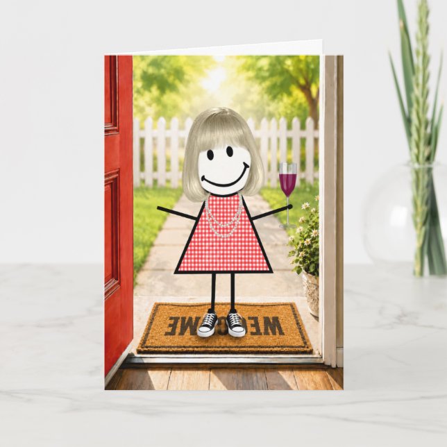 Födelsedagsfigur tjej med vinglas kort (Framsida)