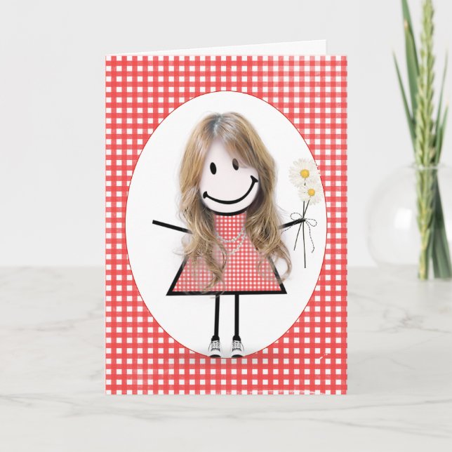 Födelsedagsfigur tjej på röd gingham kort (Framsida)