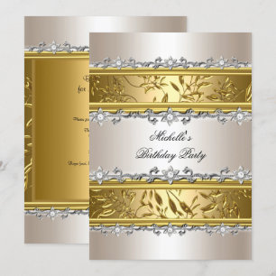 Födelsedagsfirande Blommig Kräm Guld Silver Diaman Inbjudningar
