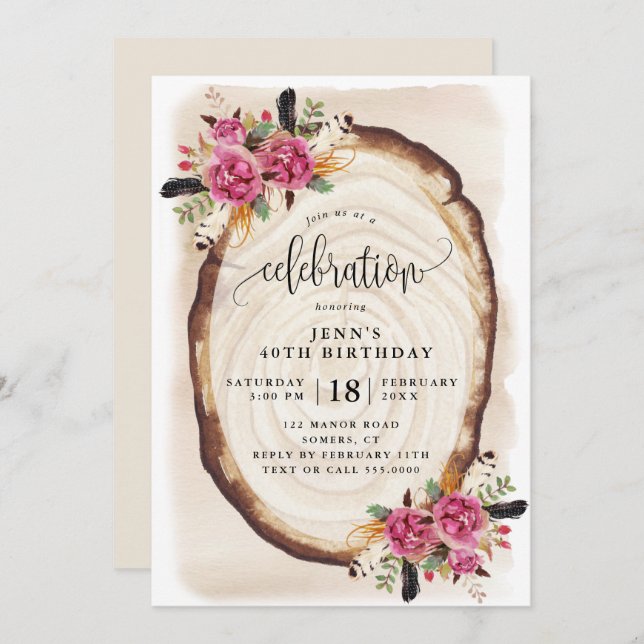 Födelsedagsfirande, Blommigt för Rosa av träsegmen Inbjudningar (Fram/baksida)