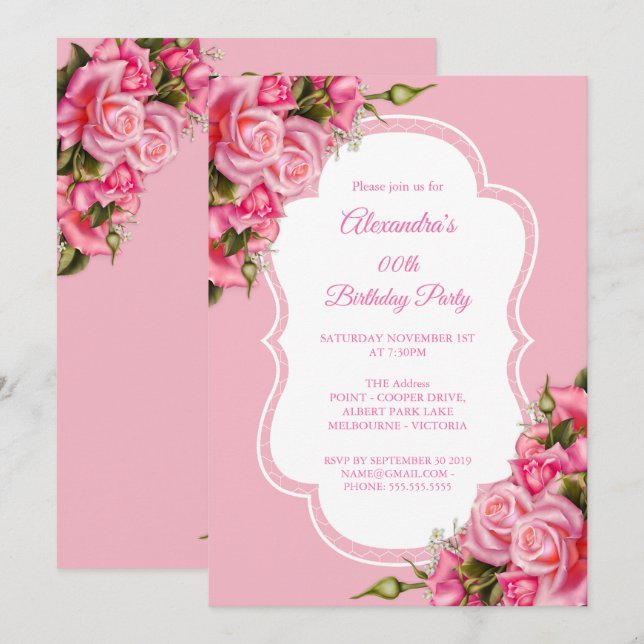 Födelsedagsfirande Blomster Rosa Rosor Bukett Inbjudningar (Fram/baksida)
