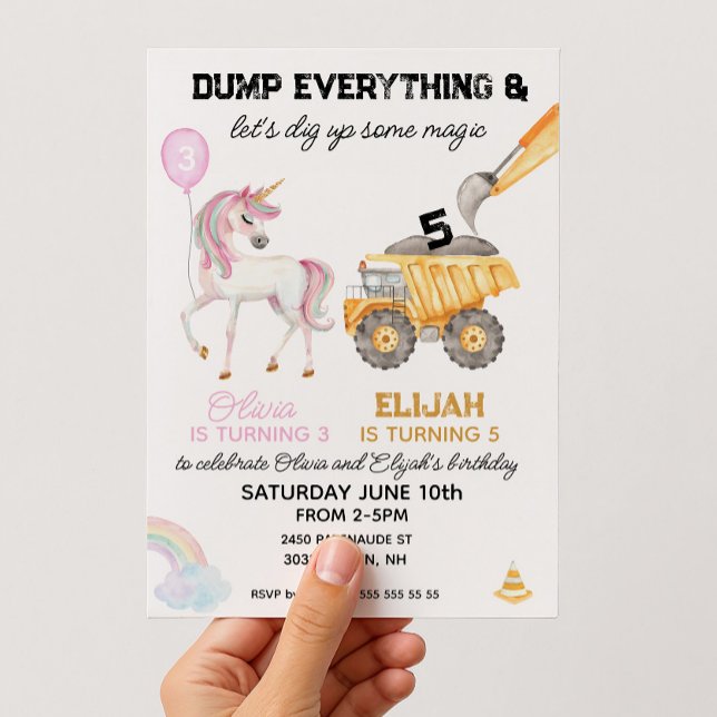 Födelsedagsfirande enhörning och byggfest inbjudningar (Joint birthday sibling invitation construction and unicorn)