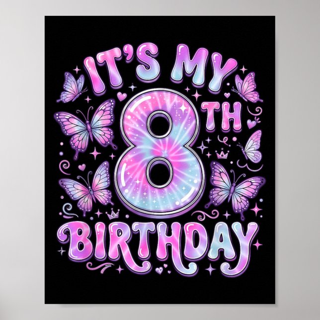 Födelsedagsfirande fjärilstema 8 år flicka poster (Framsidan)