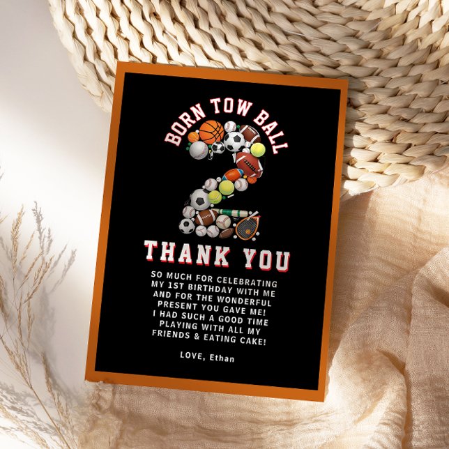 Födelsedagsfirande för 2-årig pojke med sporttema  tack kort (Born 2 Ball Sport Themed Boy 2nd Birthday Party Thank You Card
)