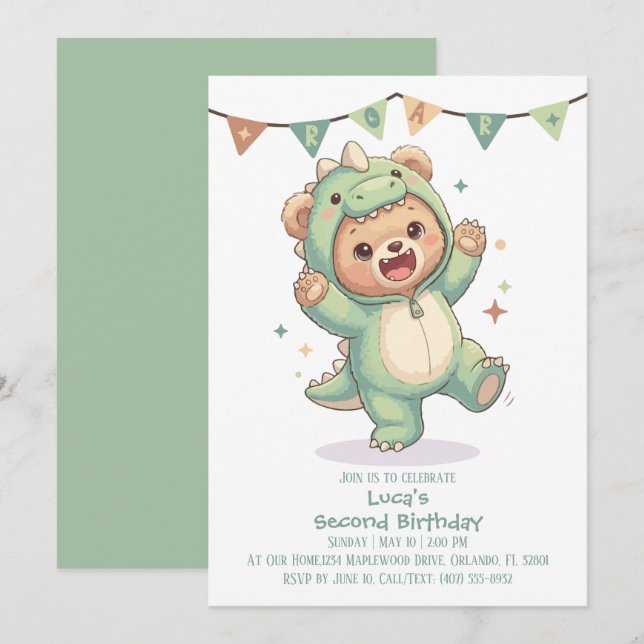 Födelsedagsfirande för 2-åring med teddybjörn dino inbjudningar (Fram/baksida)
