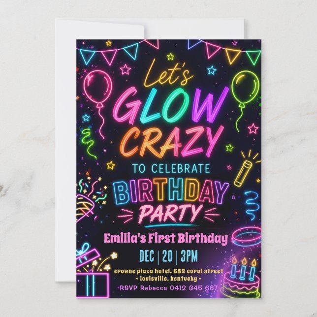 Födelsedagsfirande för Glow Crazy Girl Inbjudningar (Framsida)