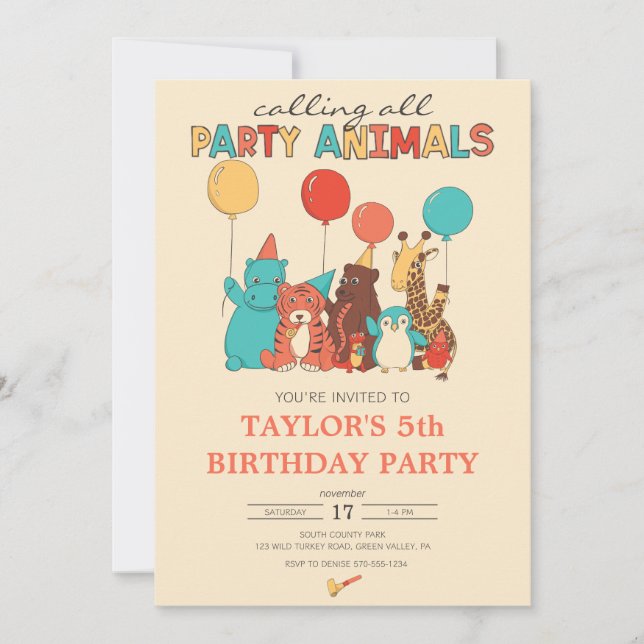 Födelsedagsfirande för Party Animals Tiger, Pingvi Inbjudningar (Framsida)