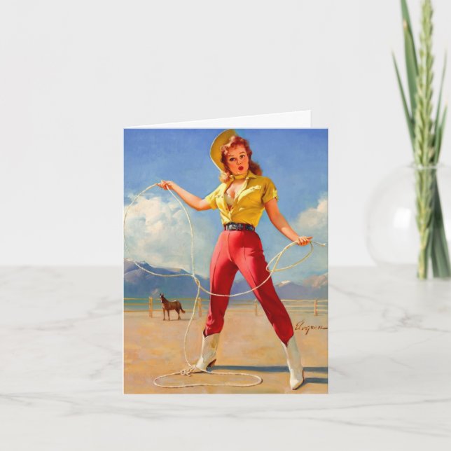 Födelsedagsfirande för Vintage Cowgirl och häst Kort (Framsida)