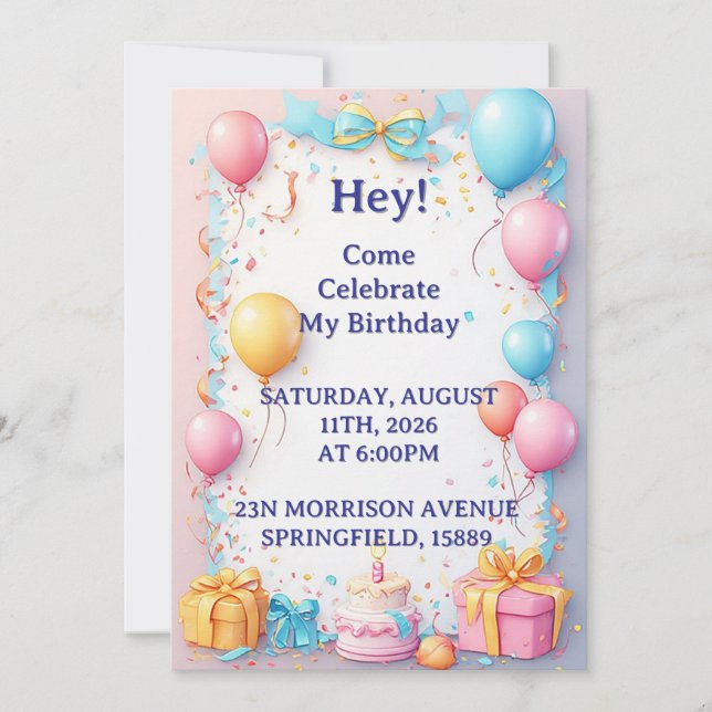 Födelsedagsfirande med ballonger inbjudningar (Framsida)