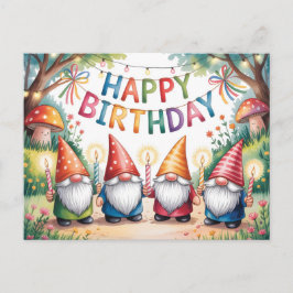 Födelsedagsfirande med en grupp trädgårdstomtar vykort