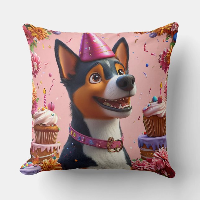 Födelsedagsfirande med glad hund kudde (Framsida)