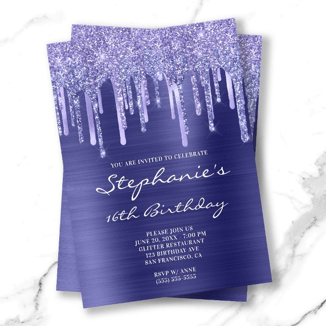 Födelsedagsfirande med periwinkle-folie och glitte inbjudningar (Periwinkle Foil and Glitter Drip 16th Birthday Invitation)