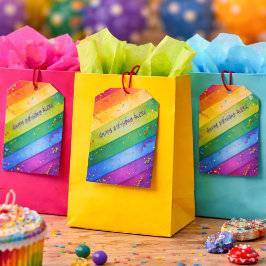 Födelsedagsfirande med regnbågsränder och konfetti presentetikett