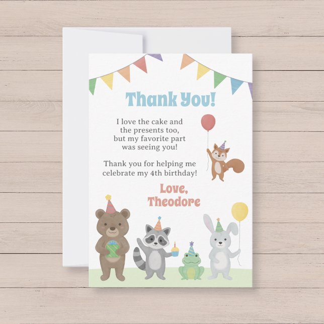 Födelsedagsfirande med roliga djur tack kort (Party Animals Birthday Thank You card with bear, raccoon, frog, rabbit, and squirrel)