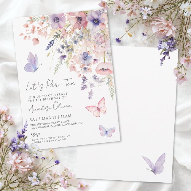 Födelsedagsfirande med Tildebjudan till Tekjävlor  Inbjudningar (Butterfly Wildflower Tea Party Birthday Invitation)