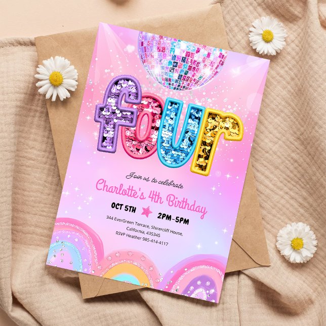 Födelsedagsfirande Rainbow Sequin Disco 4 år Inbjudningar (Skapare uppladdad)