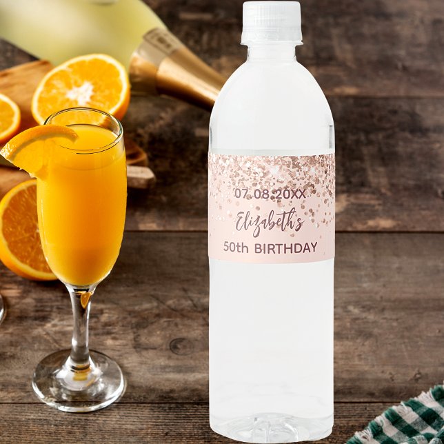 Födelsedagsfirande roséguld glansar gnistrar vattenflaskor etikett (Skapare uppladdad)