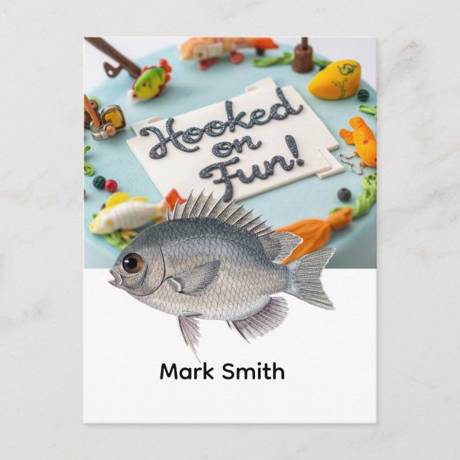 Födelsedagsfiske med tema "Hooked on fun" Vykort (Framsida)