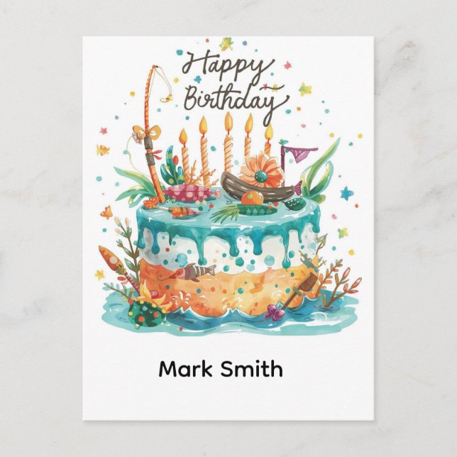 Födelsedagsfiske tematiskt krokat på kul vykort (Framsida)