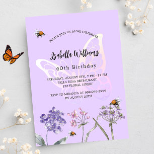 Födelsedagsfjäril violetta vilda blommor rosa lyx inbjudningar