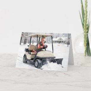 Födelsedagsflamingo kör golfbil med snöplog kort