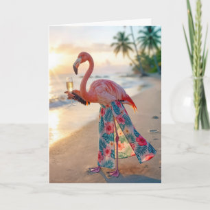 Födelsedagsflamingo med champagne på en strand kort