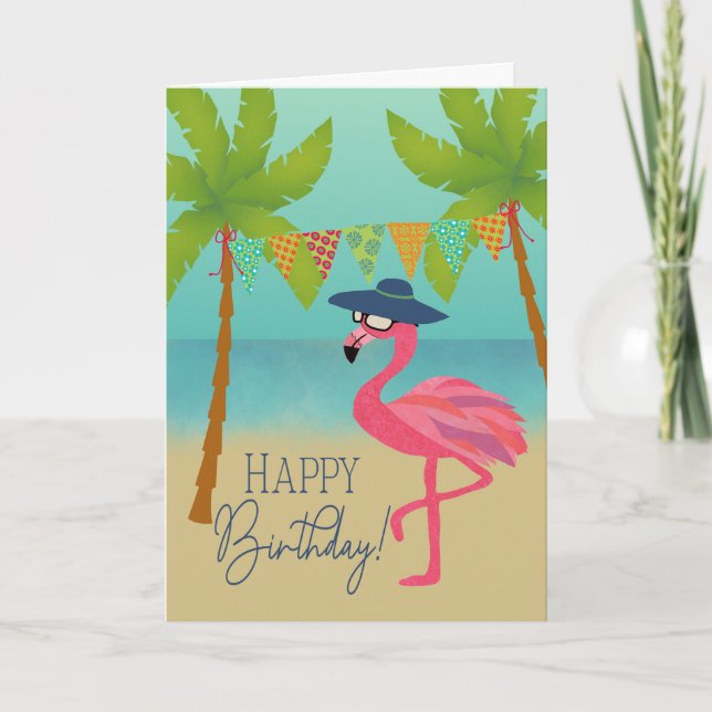 Födelsedagsflamingo på stranden kort (Framsida)